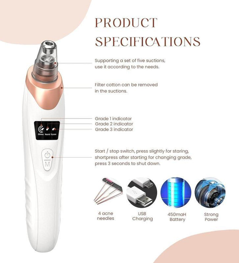 Electric Blackhead Remover Set, 1 Box Multifunctional Facial Pore Cleaner and 5 Probes, USB Rechargeable, Vacuum Facial Pore Cleaner, Facial Beauty Instrument for Women & Men,Ease of Use